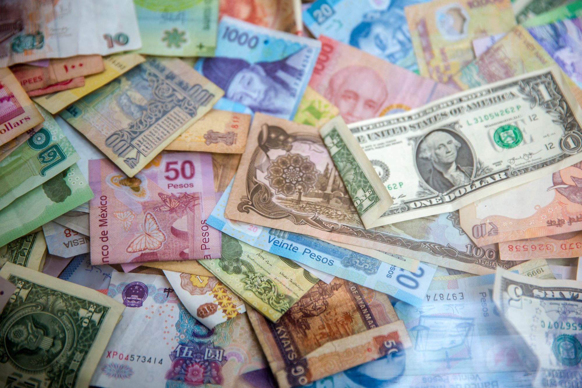 Picture of notes in different currencies. 